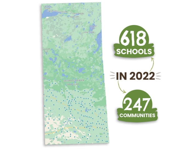 A map of Saskatchewan highlighting the 618 schools in 247 communities that AITC-SK had a presence in last year.